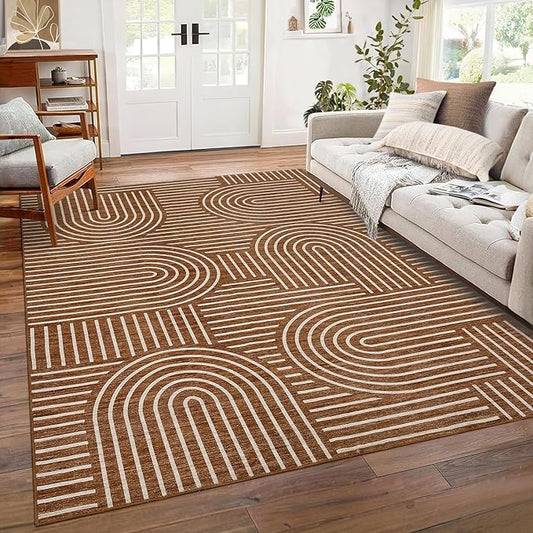 ROYHOME Washable Rug 9x12 Area Rugs for Living Room, Abstract Rug for Bedroom, Soft Rainbow Non Slip Throw Rugs With Rubber Back, Low Pile Stain Resistant Boho Geometric Carpet for Dining Room, Copper