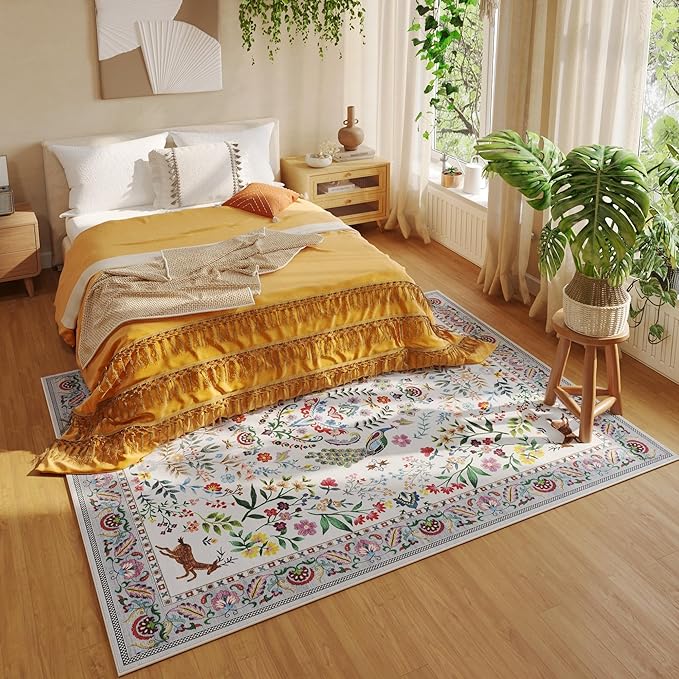 Rugcomf 8x10 Area Rugs for Living Room Washable Rug Floral Non-Slip Large Rug for Living Room, Bedroom, Farmhouse, Dining Room, Kids Playroom(Colorful)