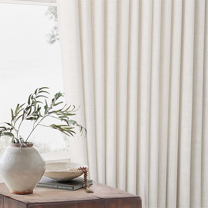 Extra Wide 60 Inch Width Pinch Pleated Curtains 90 Inch Length for Living Room Thick Linen Boho Curtain Memory Shape Light Filtering Privacy for Bedroom Large Windows Hooks Rings Cream 1 Panel 60x90