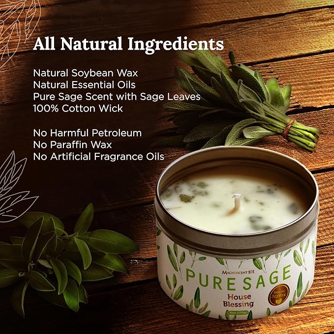 Magnificent 101 Long-Lasting Pure Sage Smudge Candle | 6 Oz - 35-Hour Burn | Essential Oils, 100% Natural Ingredients | Smoke Free, Petroleum Free Candle to Cleanse Your Home