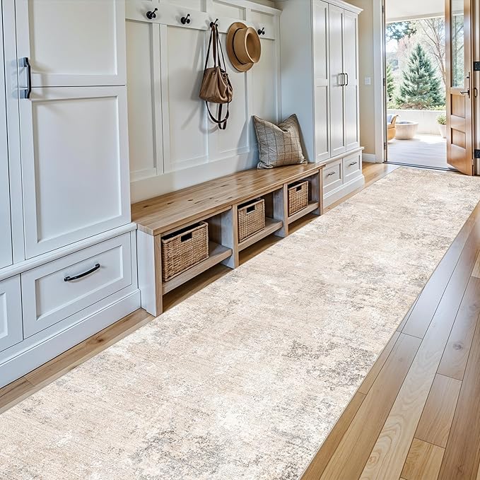 3x15 Ft Long Hallway Runner Rug – Non-Slip Washable Kitchen Floor Rug with Rubber Backing, Modern Low Pile Thin Wide Carpet Runners for Bedroom, Entryway Indoor (Beige Grey,3x15)