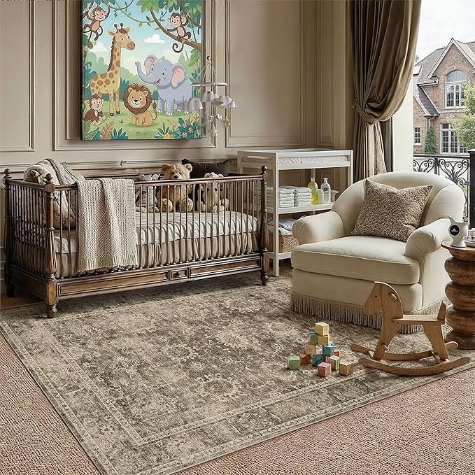 4x5 Washable Area Rug for Entryway Office Brown Vintage Non-Slip Low Pile Distressed Rustic Carpet Soft Throw Rug for Living Room Indoor Dining Room