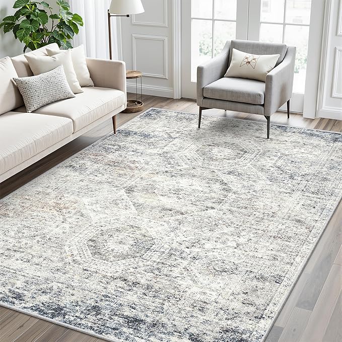 Soalmost 6x9 Area Rug for Living Room Washable 6x9 Non-Slip Modern Rugs for Bedroom Dinning Room Ultra-Thin Indoor Blue Ivory