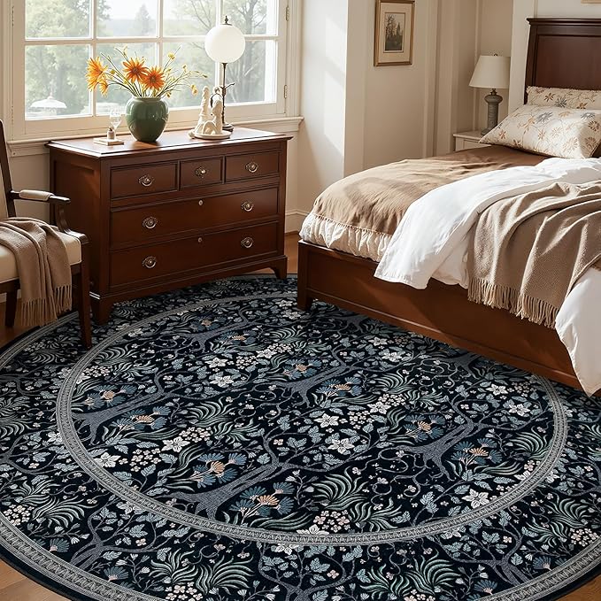 Joydeco Washable Large Round Area Rug for Living Room, Vintage Round Rugs 8ft Non Slip, Soft Throw Circle Carpet for Bedroom, Dining Room Under Kitchen Table, Black-Blue Floral Décor