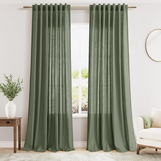 Extra Long Curtains 2 Panels 102 Inches Long for Living Room Olive Green Back Tab Rod Pocket Light Filtering Semi Sheer Drapes Cotton Linen Textured Window Curtain 102 Inch Length for Bedroom 9 FT