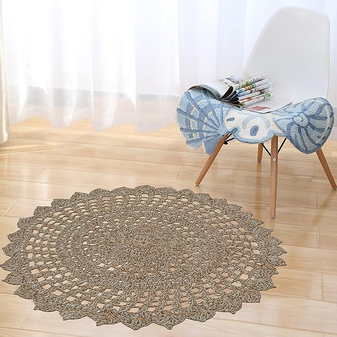 Jute Hand Crochet Rug, Natural/Spa Grey - 3 Feet Round, Non Slip Decorative Accent Floor Rugs for Entryway, Kitchen, Living Room, Nursery | Farmhouse Small Scalloped Rustic Door Mat for Patio Décor