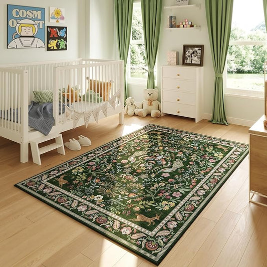 3x5 Rug Washable Area Rug Floral Office Rug Non Slip Small Carpet for Bedroom, Bedside, Kitchen, Entryway, Kids Room, Office (Emerald Green)