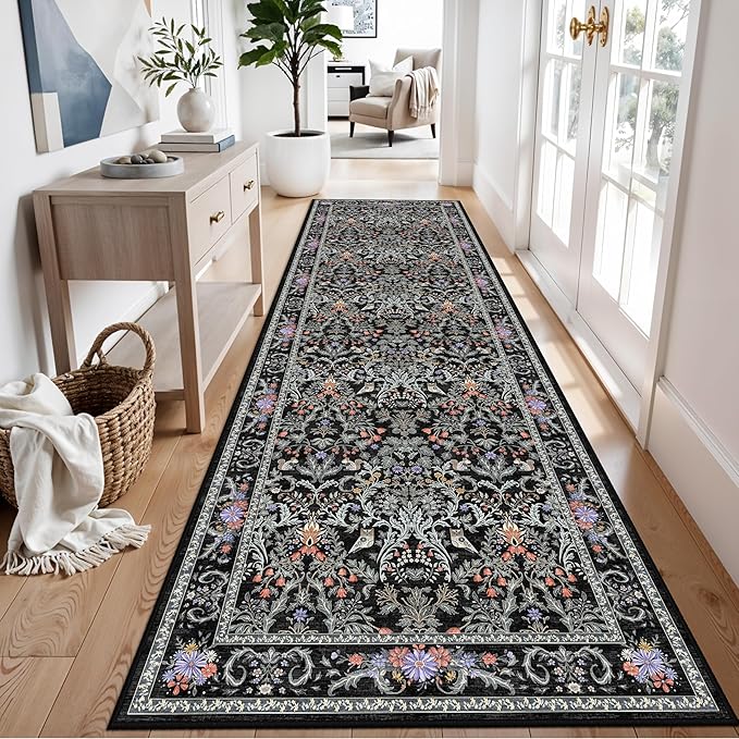 3x10 Botanical Hallway Runner Rug - Non-Slip Washable Long Kitchen Entryway Carpet Runner with Rubber Backing, Boho Floral Soft Low Pile Stain-Resistant (Vibrant Black)
