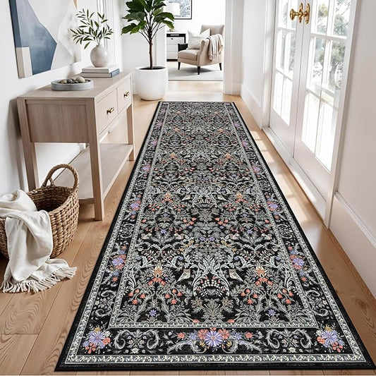 3x10 Botanical Hallway Runner Rug - Non-Slip Washable Long Kitchen Entryway Carpet Runner with Rubber Backing, Boho Floral Soft Low Pile Stain-Resistant (Vibrant Black)