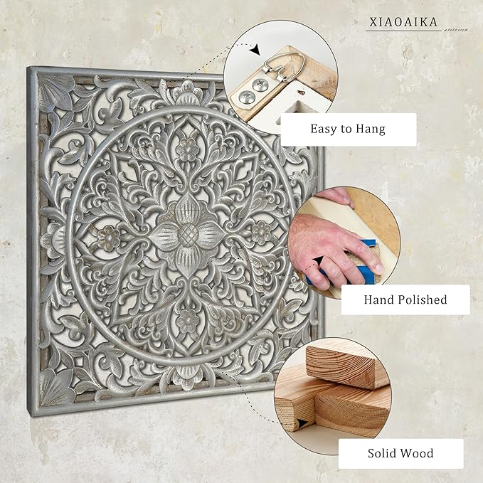 XIAOAIKA Boho Carved Wood Wall Sculpture, Intricate Floral Mandala Design with Distressed Silver Finish, Vintage Farmhouse Wall Art Panel with Solid Wood Frame for Bedroom Entryway (22" x 22")