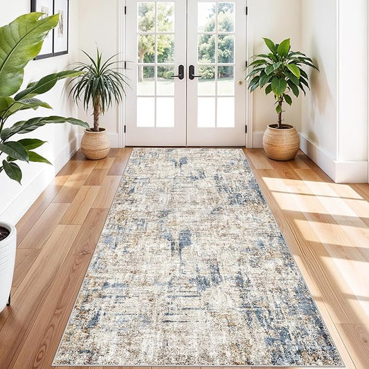 4x10 ft Extra Wide Hallway Rug – Non-Slip Washable Rubber-Backed Large Carpet Runner for Kitchen, Entryway | Modern Abstract, Low-Pile Thin Floor Mat for Bedroom Living Room Dining Room(Blue Brown)