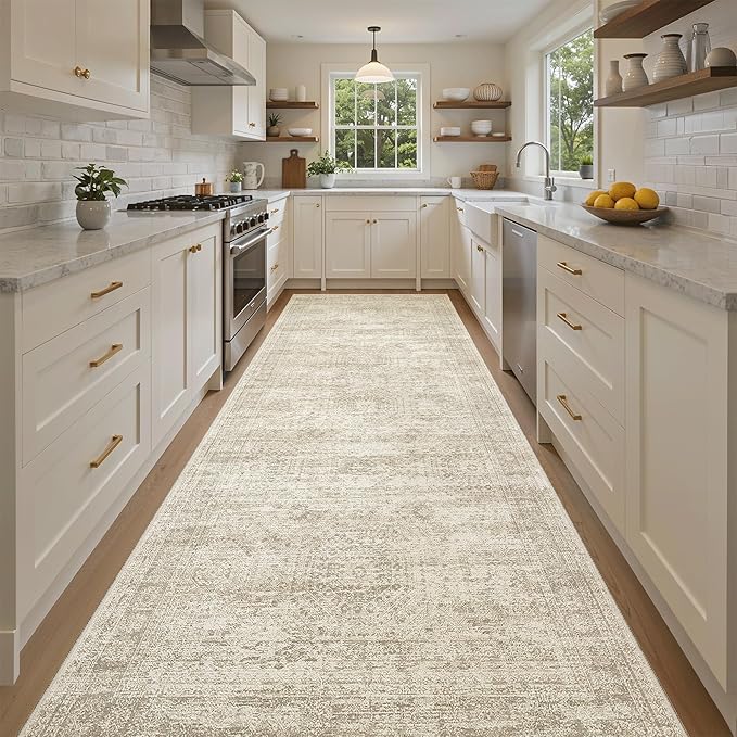Soalmost 4x10 Wide Hallway Runner Rug: Washable Soft Rug Runners for Living Room Bedroom Ktichen, Stain Resistant Low Pile Area Rugs Non Slip Floor Carpet (Beige, 4x10)