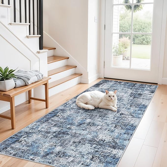 3x7 Washable Non-Slip Kitchen Runner Rug – Modern Abstract Neutral Beige & Gray Carpet for Hallway, Entryway, Bedroom, Laundry Room – Low-Pile Thin Wide Floor Runner with Rubber Backing（Blue）