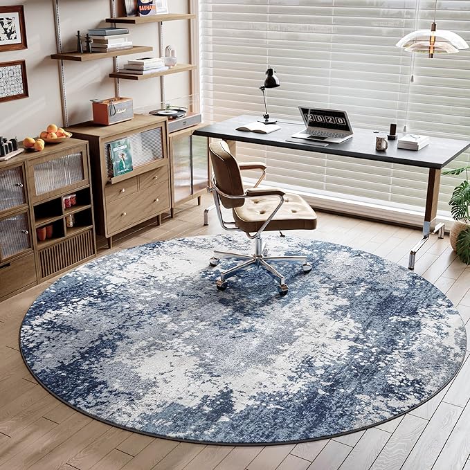 Blue Round Rugs 6ft Washable Circle Area Rug for Entryway Kitchen, Non Slip Soft Low Pile Stain Resistant, Boho Circular Carpet for Living Room Bedroom Dorm Dining Room Table, Abstract Navy