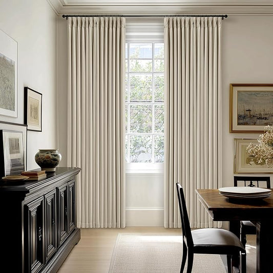 Oatmeal Pinch Pleated 100% Blackout Linen Curtains 100 Inch Length 2 Panels Pinch Pleat Curtains Black Out Light Blocking Room Darkening Drapes with Liner for Bedroom Living Room Window Cream Beige