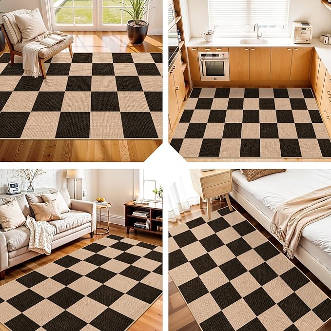 Checkered 3x5 No Shed Jute Rug: Machine Washable Non Slip Rugs for Entryway Front Porch Kitchen - Door Mat Area Rug Farmhouse Neutral Non Shedding - Carpet for Bedroom Living Room (Black,3x5)