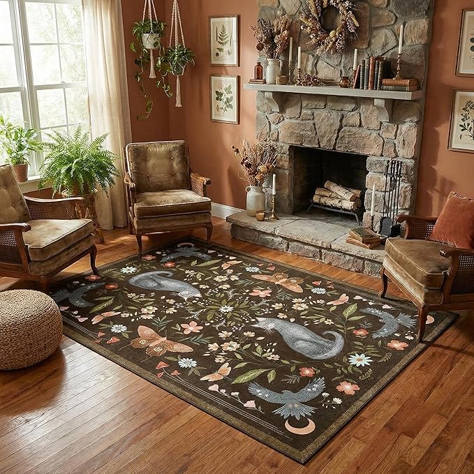 GarveeHome 5x7 Cat Area Rug Brown Washable Rugs for Living Room Bedroom, Soft Mushroom Floral Low Pile Non Slip Floor Mat Animal Print Throw Rug Indoor Carpet for Dorm Playroom Gothic Decor