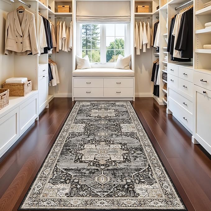 RUUGME Oriental Hallway 4x10 Rug - Washable Runner Rug Soft Stain Resistant Carpet for Kitchen entryway Vintage Lightweight Ultra-Thin Rugs with Non Slip Backing for RV Owners&Van Lifers 4X10 Black
