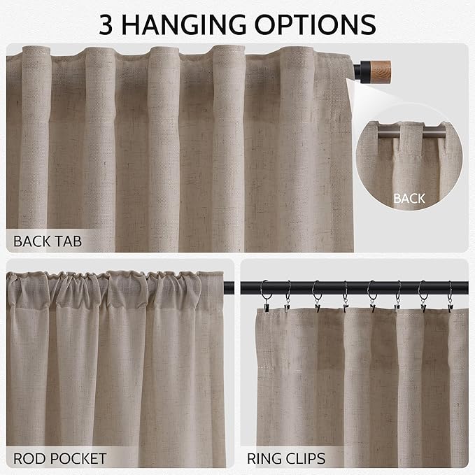 Ecru Linen Curtains 80 Inch Length for Living Room Light Filtering Semi Sheer Curtain Back Tab Rustic Farmhouse Decor Burlap Elegant Soft Luxury Boho Drapes for Bedroom Dinner Room 52x80, 2 Panels