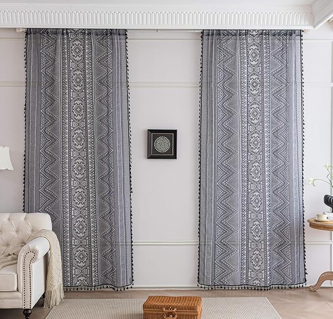 Black Geometric Sheer Curtains 63 inch Long, Fringed Edges and Textured Semi Sheer Curtains Large Window Treatments for Living Room/Bedroom, 2 Panels