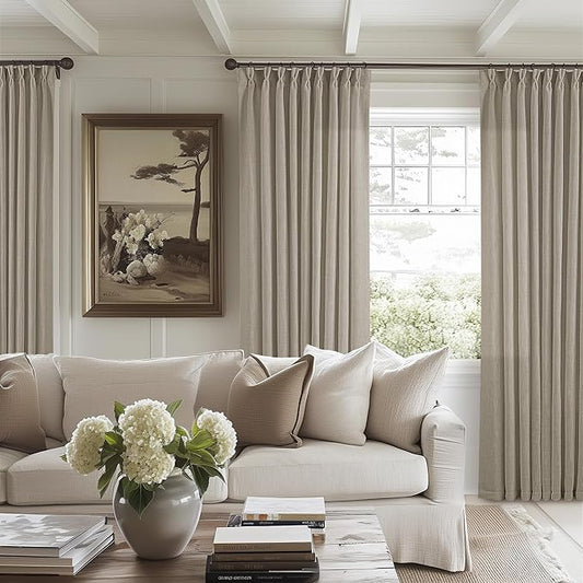 Pinch Pleated Linen 102 Inch Curtains 60 Inch Width for Living Room Divider Light Filtering Semi Sheer Burlywood Taupe Extra Wide Patio Curtains for Sliding Door Floor Ceiling Picture Window 60x102