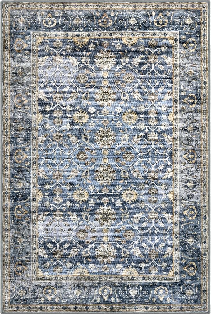 KUTA Vintage 5x7 Area Rugs Blue Grey Beige, Washable Rugs for Living Room Ultra Thin Soft Non-Slip Printed Distressed Tribal Traditional Farmhouse Carpet for Bedroom Dining Room Dorm Office Home