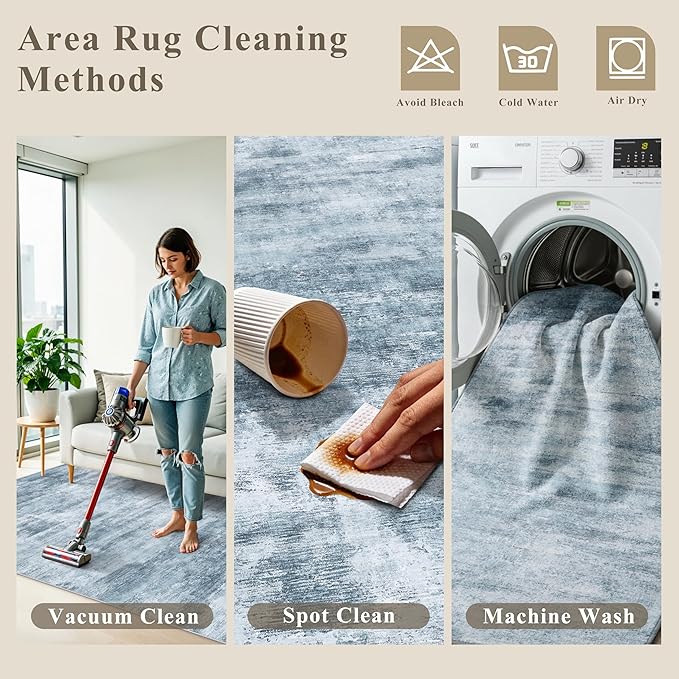 3x6 Washable Wide Runner Rug – Non-Slip Floor Carpet Runner for Kitchen Entryway Hallway Bathroom, Modern Abstract Low Pile Thin Area Rug (Blue Grey)