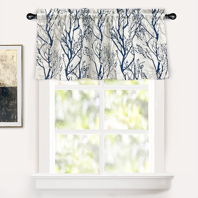 DriftAway Tree Branch Linen Lined Valance Double Layer Thermal Insulated Room Darkening Blackout Valances 3 Inch Rod Pocket Short Window Valance for Living Room Bathroom 52 Inch by 24 Inch Blue