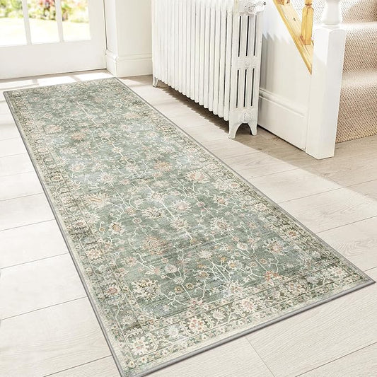 GENIMO Runner Rug for Hallways Machine Washable, 2x6 Non Slip Boho Vintage Lightweight Washable Runners, Thin Floor Rugs for Entryway Hallway Bathroom Laundry Room Corridor, Light Sage