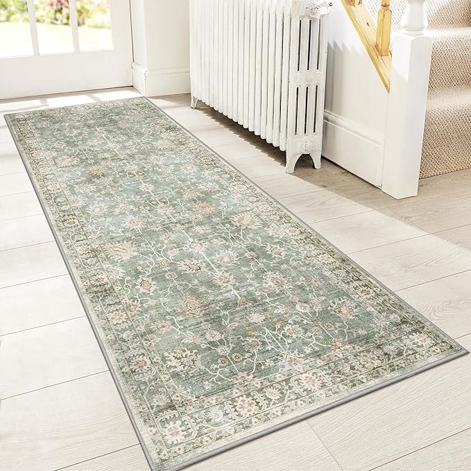 GENIMO Runner Rug for Hallways Machine Washable, 2x10 Non Slip Boho Vintage Lightweight Washable Runners, Thin Floor Rugs for Entryway Hallway Bathroom Laundry Room Corridor, Light Sage