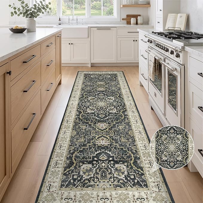 3x10 Non Slip Hallway Runner Rug - Washable Vintage Distressed Kitchen Carpet, Ultra-Thin Soft Low Pile Entryway Mat with Rubber Backing for Bedroom Living Room (Black)