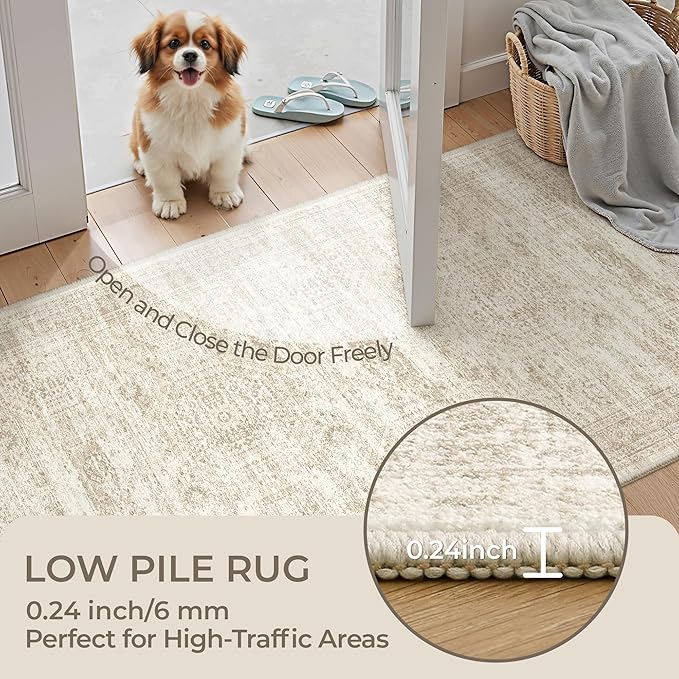 Washable Runner Rug 2.5x12, Non-Slip Long Bathroom Rugs Runner for Kitchen, Living Room, Bedroom, Soft Vintage Washable Rug for Entryway, Thin Floor Mat for Dining Room(2.5'x12', Beige/Ivory)