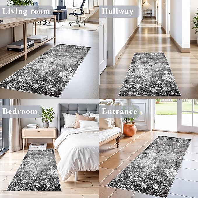 2x5 Washable Kitchen Rug Runner – Non-Slip Abstract Modern Small Rug for Bathroom,Hallway, Bedroom, Laundry Room, Entryway – Soft Low-Pile Thin with Rubber Backing (Black Grey, 2x5)