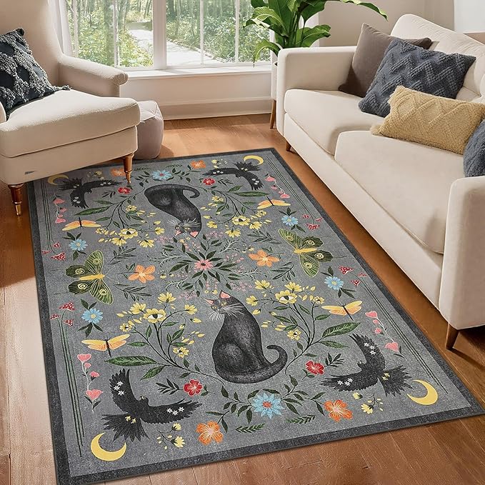 GarveeHome 3x5 Cat Washable Area Rug for Entryway, Mushroom Floral Grey Bedroom Rug Non Slip Low Pile Butterfly Carpet Stain Resistant Throw Rug for Kitchen Dorm Kids Room Office Dining Room