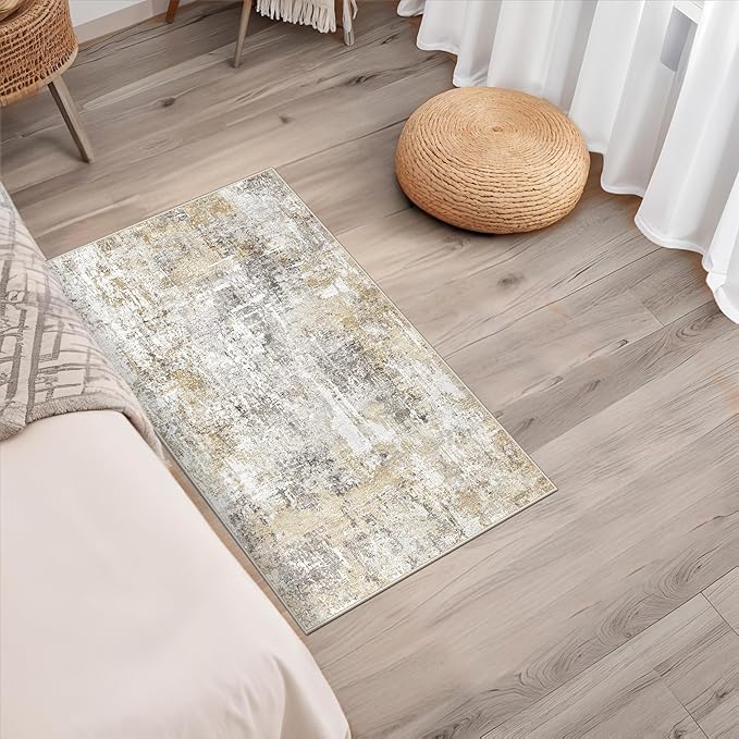 2x3 Washable Non-Slip Area Rug - Soft Low Pile Throw Rug for Kitchen Entryway Bedroom - Modern Indoor Door Mat with Rubber Backing (Gold Grey)