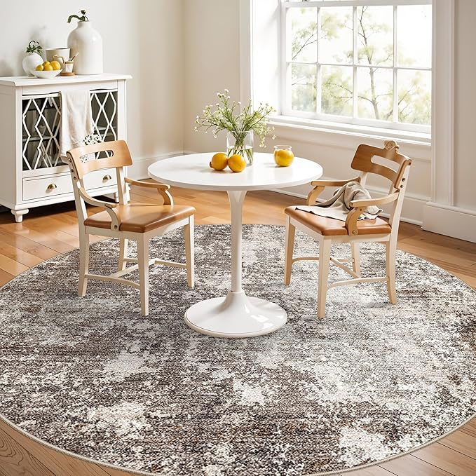 6ft Washable Kitchen Round Rug: Non-Slip Modern Circle Area Rug for Living Room,Dining Room,Under Table – Abstract Neutral Low Pile Soft Circular Carpet (Brown Beige,6x6)