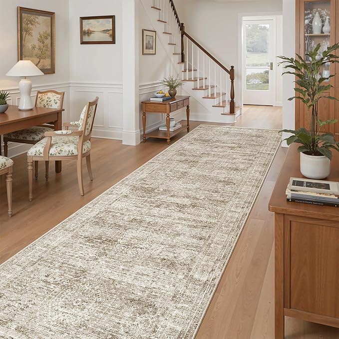 Soalmost Runner Rug 3x10 Washable Non-Slip Hallway Runner Rugs for Kitchen Bathroom Laundry Room Brown Vintage Floor Carpet Runners for Hallways Entryway