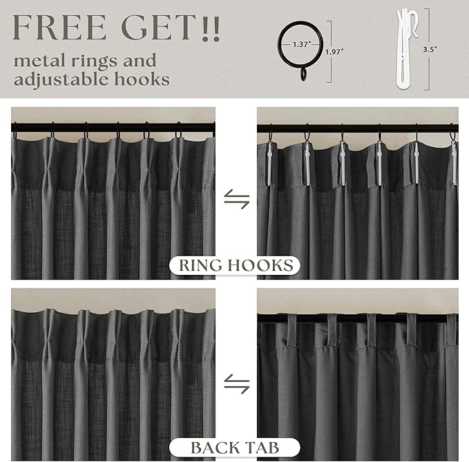 TWODRAPES Dark Grey 80 Inch Pinch Pleated Linen Curtains 2 Panel Set for Living Room Thick Linen Drapes 80 Inches Long Pinch Pleat Drapes Semi Sheer Curtain for Dining Bedroom Office Charcoal Gray