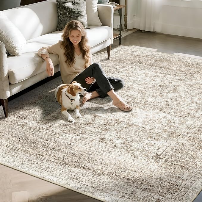7x7 Square Rug for Living Room: Washable Ultra Thin Soft Rugs for Bedroom Dining Room Home Office Oriental Stain Resistant Carpets with Non-Slip Backing Farmhouse Home Decor Mat 7x7 Beige Brown