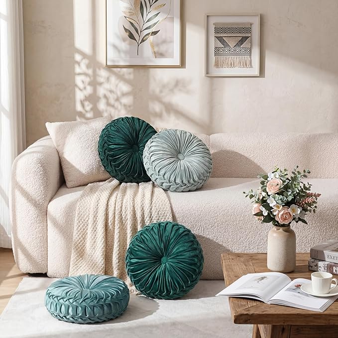Drydiet 4 Pcs Round Throw Velvet Pillows Decorative Pleated Throw Pillows 15'' Diameter Accent Pumpkin Boho Chair Cushion for Couch Sofa Home Decoration (Sage Green)