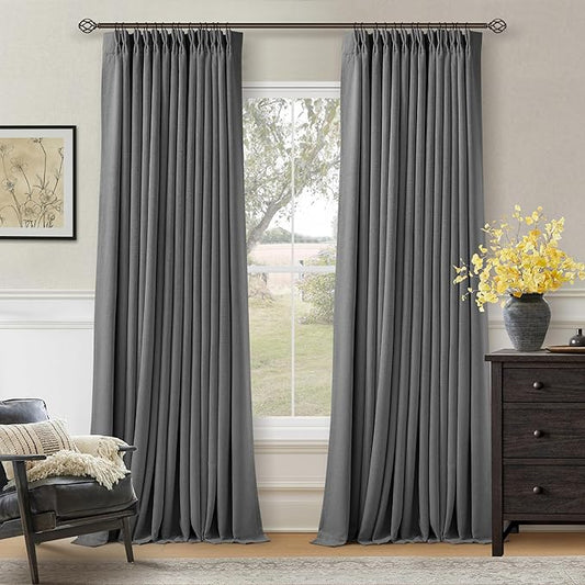 Dark Grey Pinch Pleated Blackout Curtains 102 Inches Long for Bedroom 100% Black Out Thick Linen Dual Layer Pleated Drapes Farmhouse Country Charcoal Gray 102 Inch Curtain for Dining Living Room