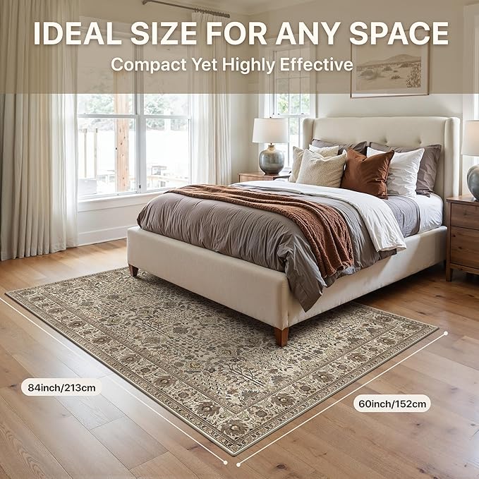 Bavni Area Rugs 5x7, Machine Washable Rugs for Living Room Indoor Non-Slip Carpet Ultra Thin Printed Vintage Rug for Bedroom Dinning Room Nursery Home, Dark Espresso