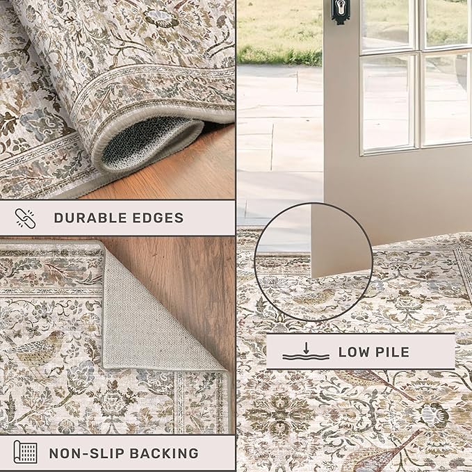 Traditional Oriental 5x8 Floor Rugs for Living Room, Washable Floral Area Rug for Dining Room Under Table, Low Pile Soft Bedroom Carpet, Vintage Brown Taupe Design, Boho Home Décor