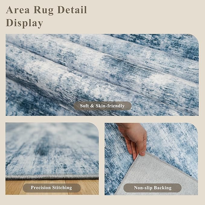 2x5 Non-Slip Washable Runner Rug – Modern Neutral Abstract Small Rug for Hallway, Kitchen, Bathroom, Bedroom, Entryway, Laundry Room – Thin Soft Low-Pile Rubber Backing (Blue Grey)