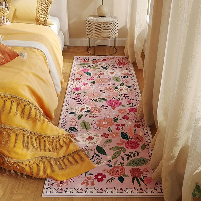 Rugcomf Runner Rug for Hallways Kitchen Rug Non Slip 2'x 6' Washable Rugs with Rubber Backing Soft Floral Carpet Runner for Hallways, Kitchen, Laundry, Bedroom, Bathroom(Pink)