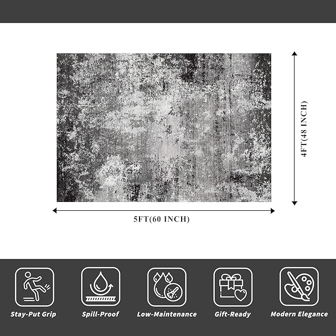 4x5 Washable Entryway Rug – Non-Slip Low Pile Throw Area Rug for Bathroom Kitchen Living Room Bedroom – Modern Abstract Neutral Soft Indoor Small Carpet (Black Grey,4x5)