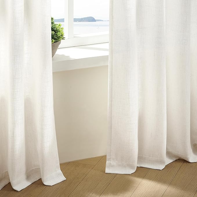 Natural Pinch Pleated Linen Curtains 112 Inches Long 2 Panels Set for Living Room Bedroom Memory Training Shaped Semi Sheer Pleat Drapes with Hooks Rings Light Filtering Window Curtain 40x112