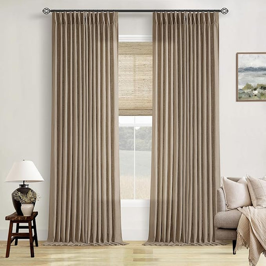 100 Inch Linen Light Brown Pleated Curtains 2 Panels Set for Living Room Bedroom Farmhouse Linen Blend Back Tab Memory Shape Trained Pinch Pleat Window Curtain Latte 100 Inch Length for Office Home
