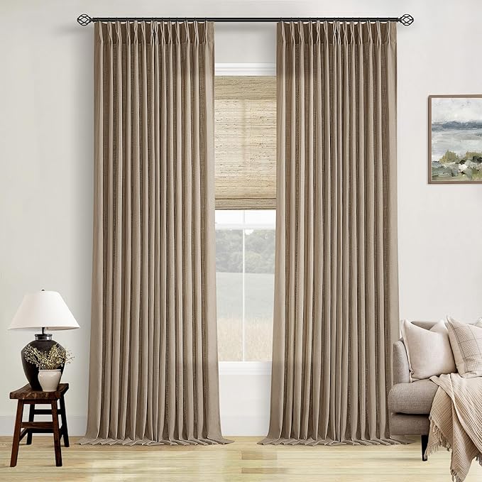TWODRAPES Tan Brown Linen Pinch Pleated Curtains 2 Panels Living Room Bedroom Light Filtering Drapes 108 Inch Length Light Brown Latte Semi Sheer Memory Shape Trained Ceiling Floor Curtain