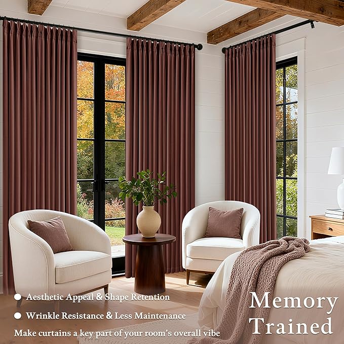 Maroon Blackout Pinch Pleated Linen Curtains 105 Inches Long for Living Room 2 Panels Thermal Insulted Dual Layer Drapes Ceiling Floor 105 Inch Window Curtains Bedroom Chestnut Reddish Brown
